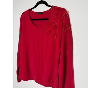 Red 3D Floral Appliqué Sweater Textured Knit Romantic Top Size Large